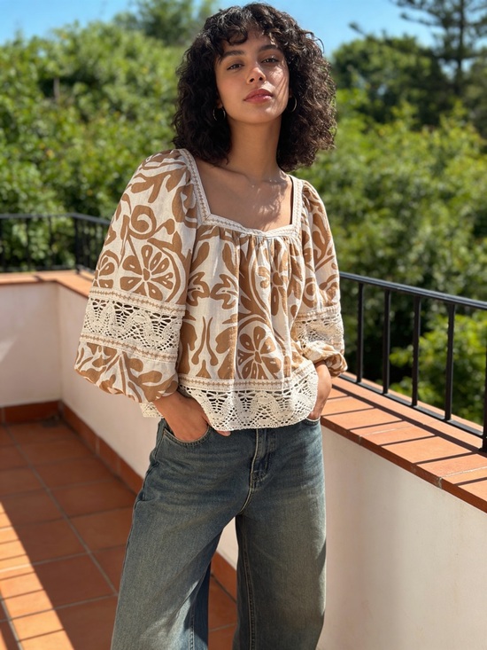 Christian Siriano Tops - Boho Square-Neck Crochet Trim Peasant Top in Beige
